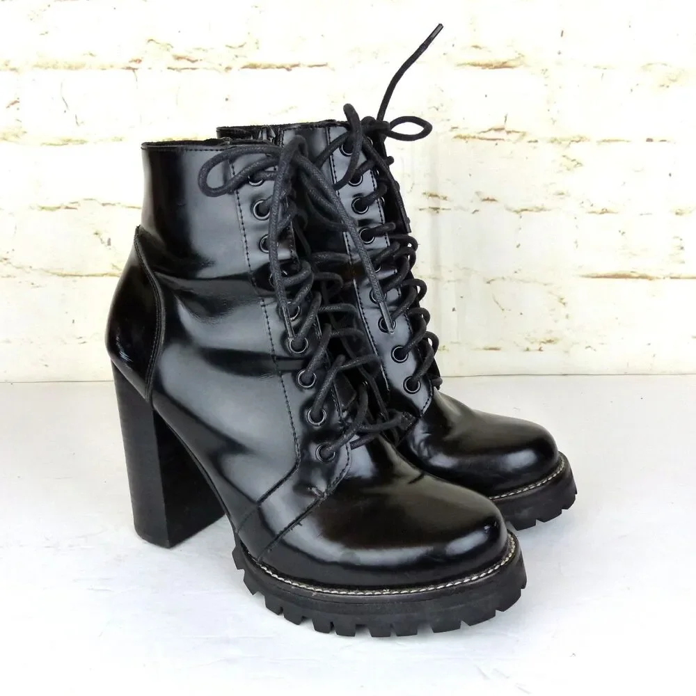 Jeffrey Campbell Legion Boot Women 8.5M Black Leather Heel Lace Zip Lug Ankle - Picture 2 of 13